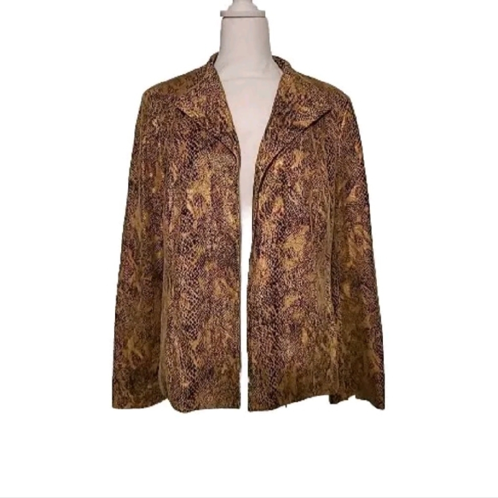 Investments Brown Faux Snakeskin Patterned Open Front Jacket Sz 14 EUC